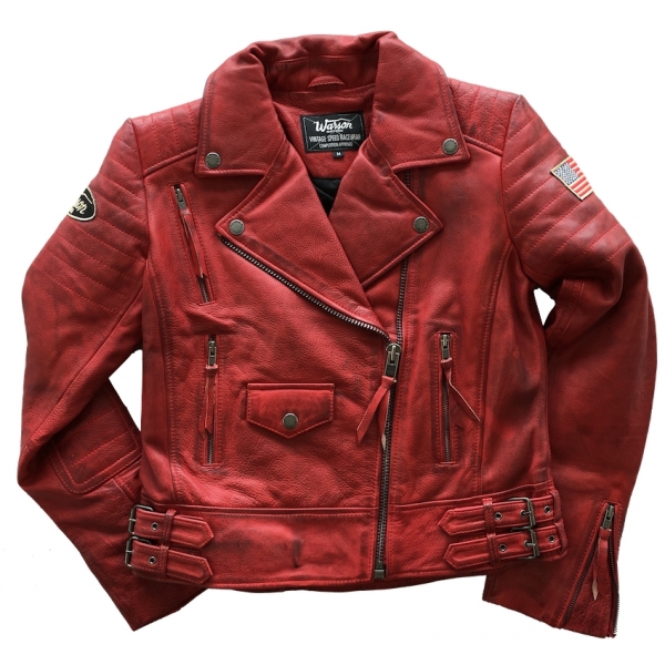 Blouson Warson Motors Cuir Police Perfecto Rouge