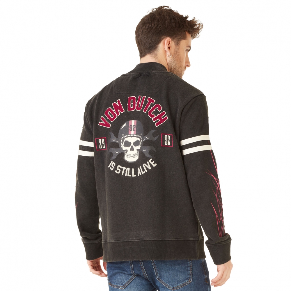 Sweat-shirt Zippé à Capuche Von Dutch - Imprimé Devant, Vert Kaki, 60% Coton 40% Polyester, Coupe Décontractée